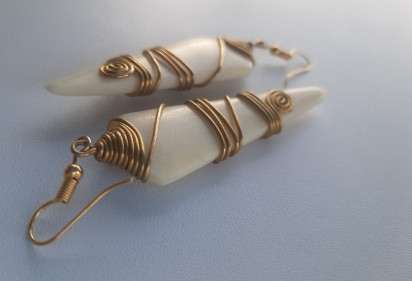 Narrow Ended Bone and Brass Earrings