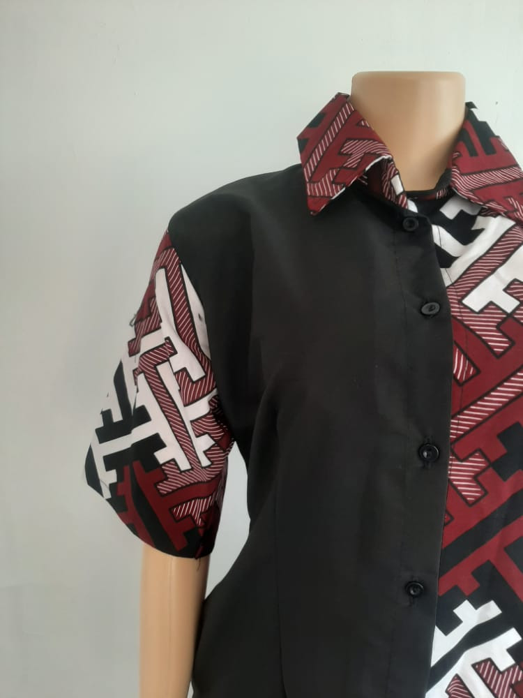 Black And Maroon Kente Shirt Dress Top