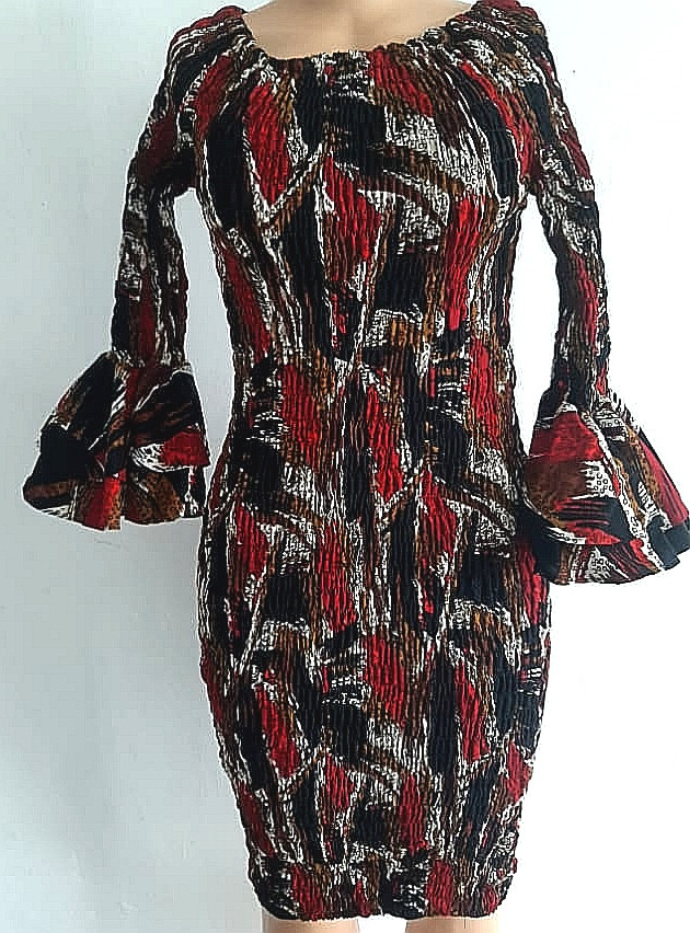 Red And Black Patterned Peplum Sleeve Kitenge Dress