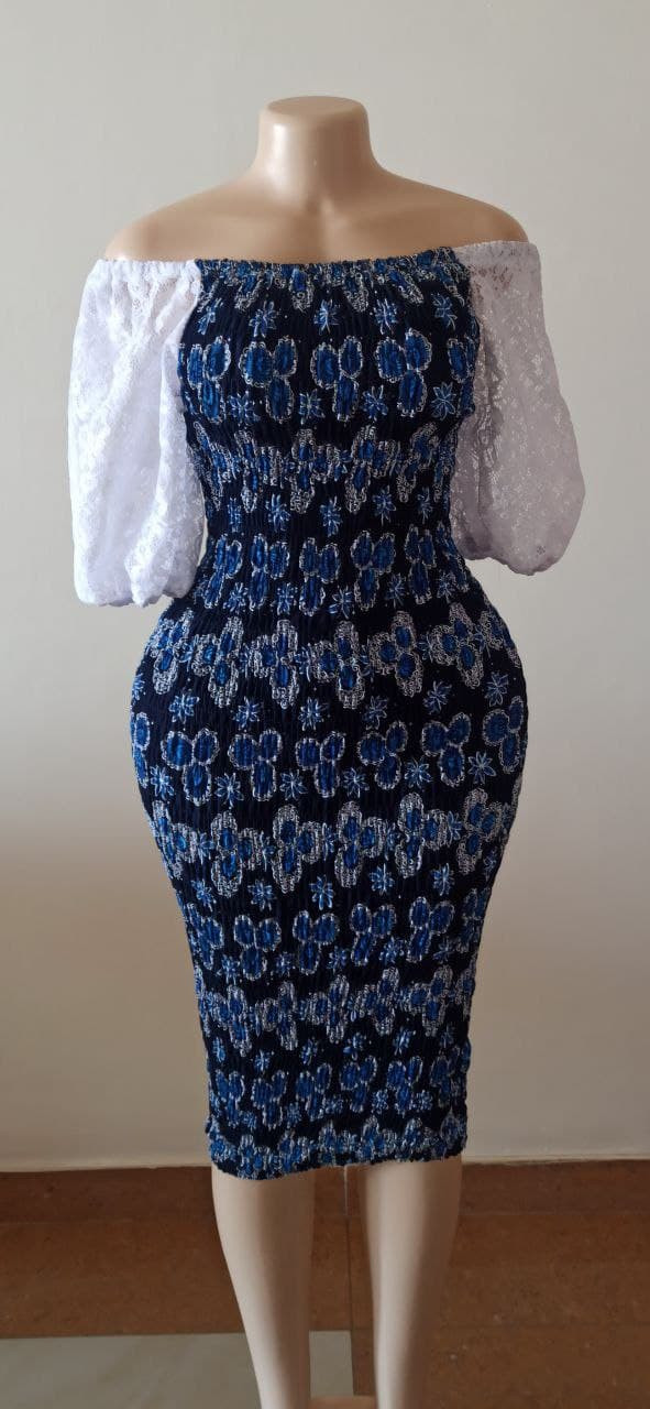 Floral Elastic Dress with Lace Sleeves