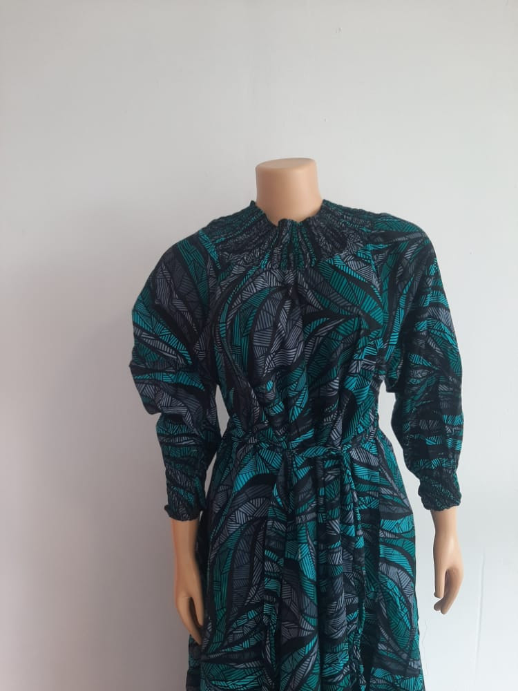 Green High Neck Ankara Cotton Kitenge Flowing Dress