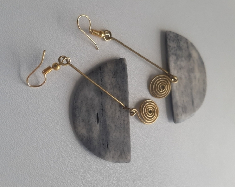 Grey Bone and Brass Earrings
