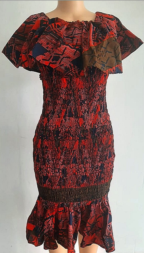 Ruffled Neck Kitenge Stretch Dress