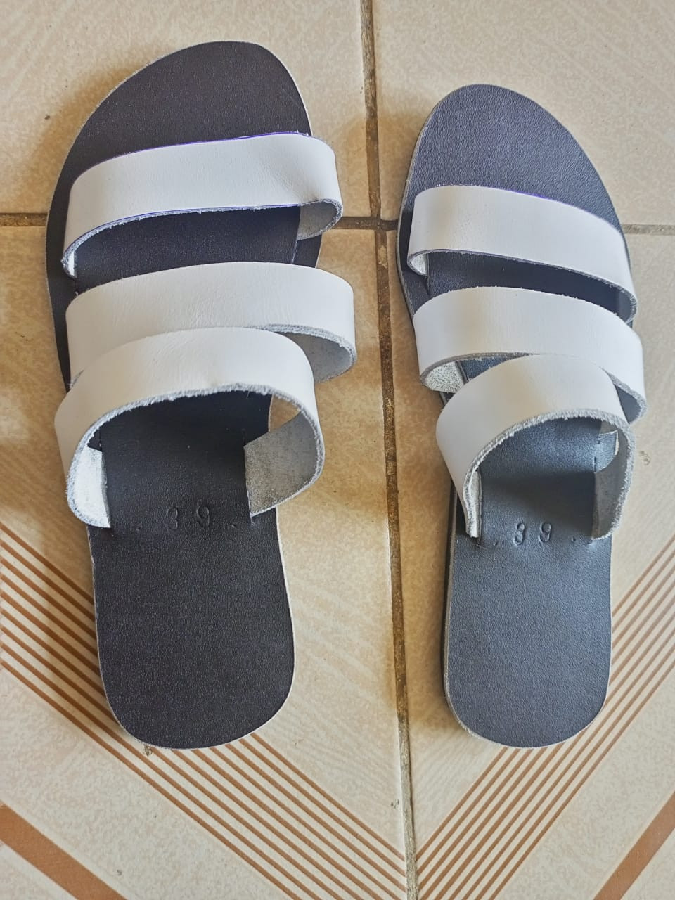 African Ladies 3 White Strands Flap Sandals