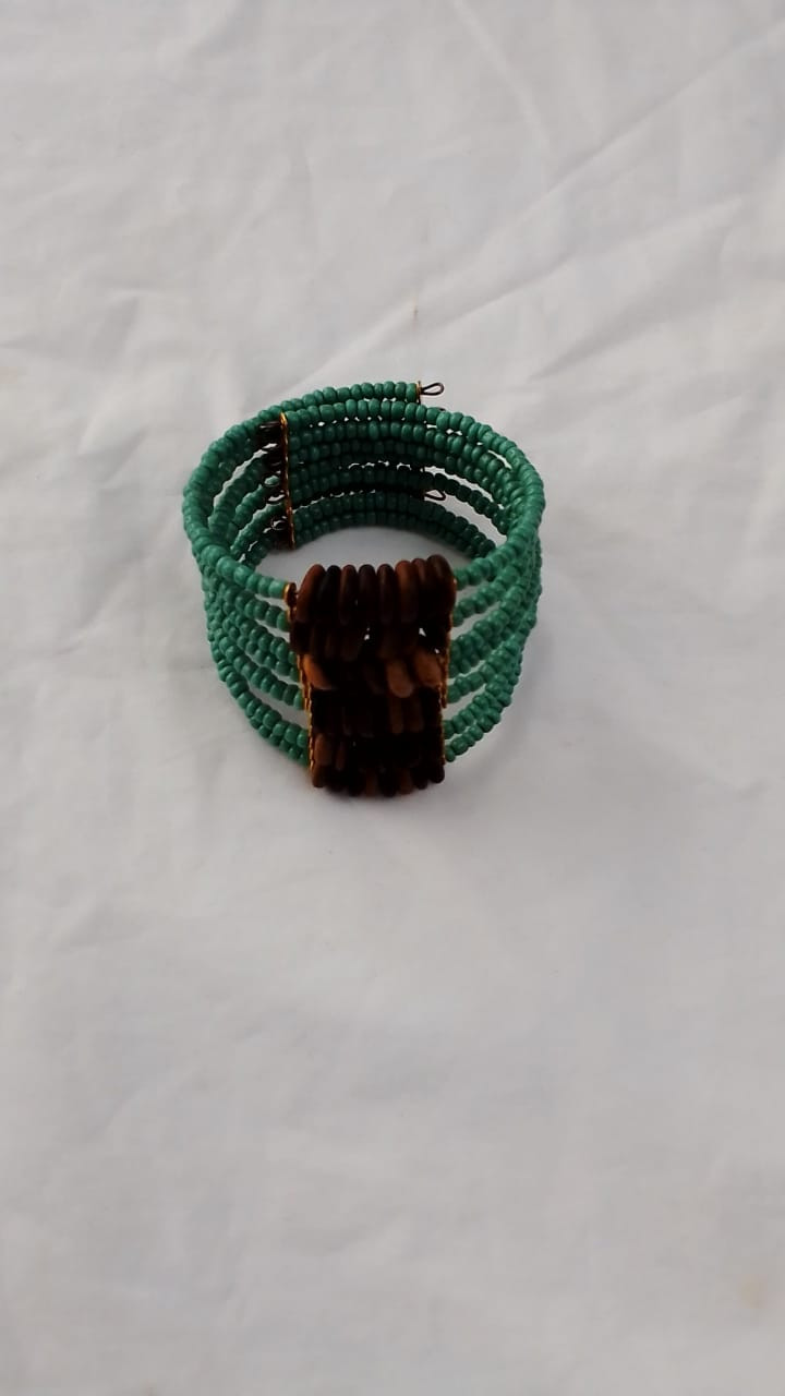 Green Wooden And Bead Bracelet