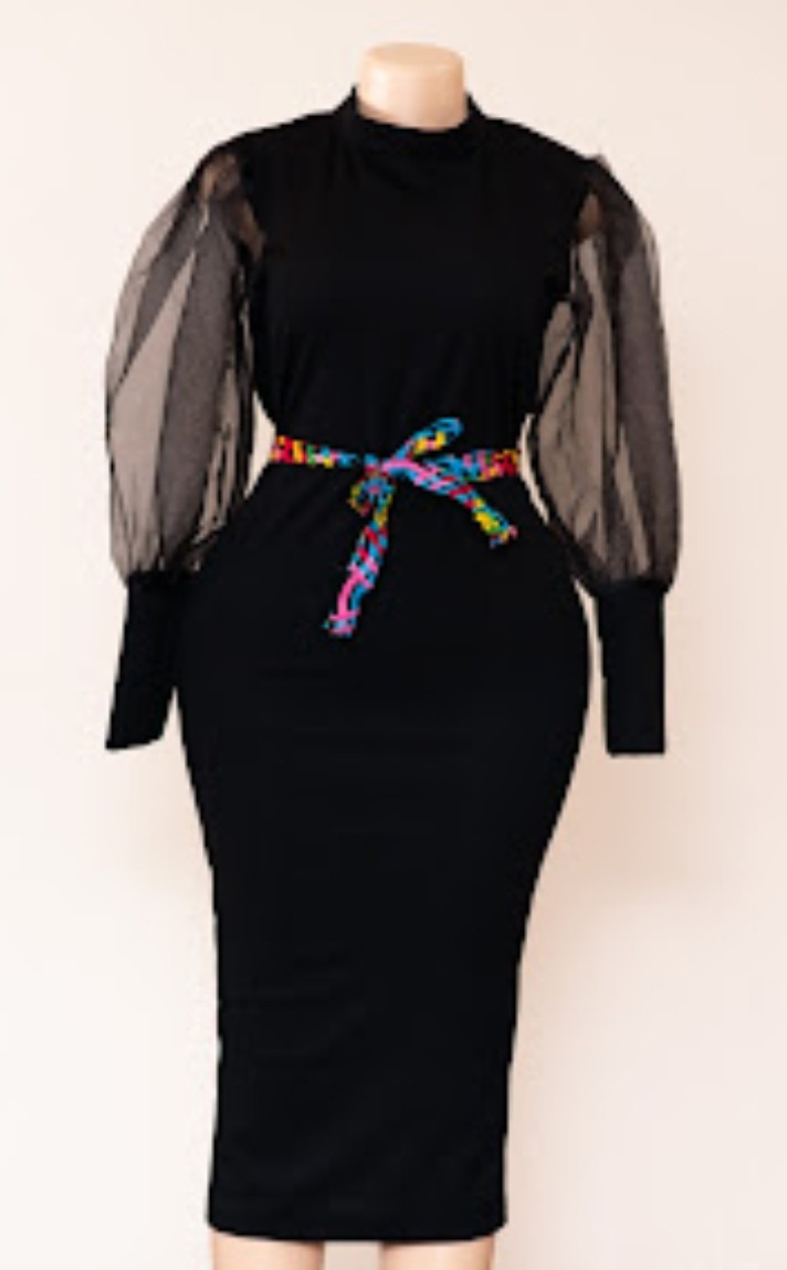 Plain Black Fabric Dress With Chiffon Sleeves