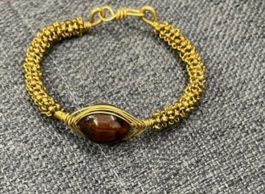 Gold Woven Brown Bead And Brass Bracelet