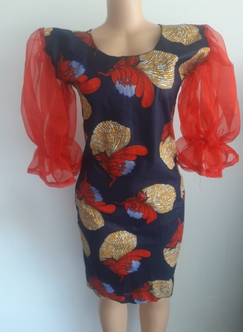 Ankara Red Dress with Organza Sleeves
