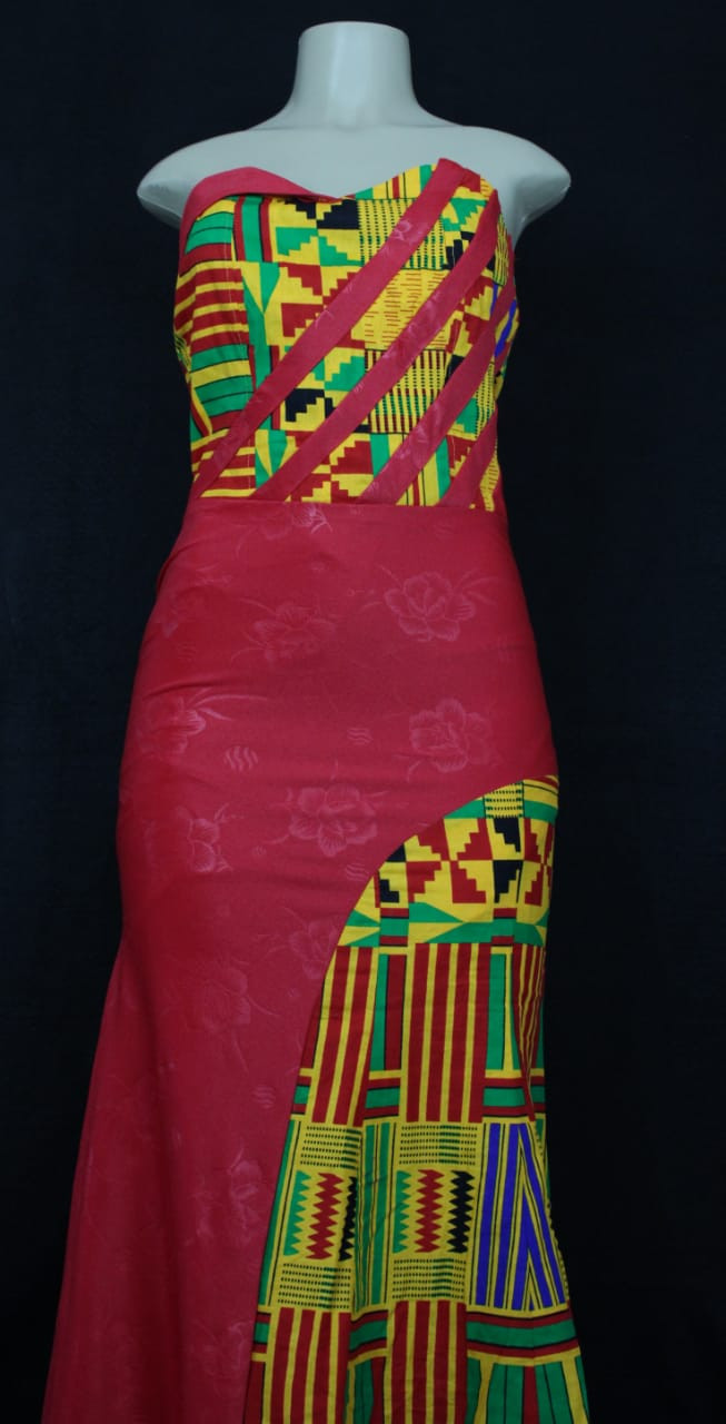 Strapless Kente Dress With A Touch Of Plain Fabric