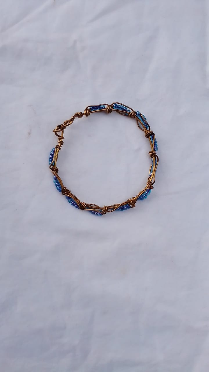Woven Blue Bead And Brass Bracelet