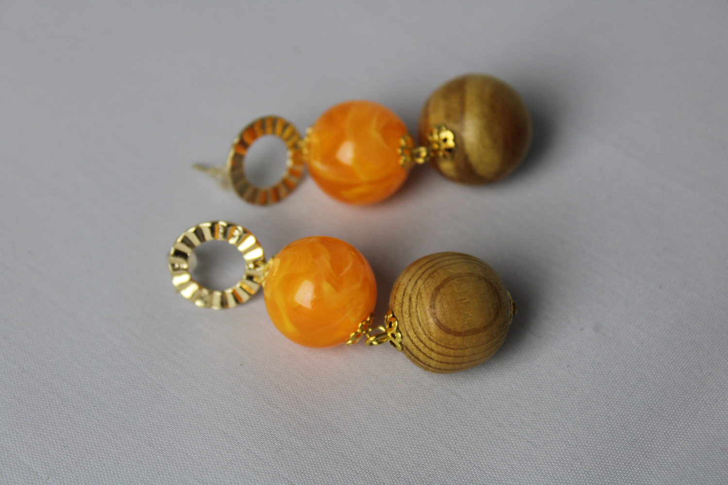 Wood And Amber Colored Statement Earrings