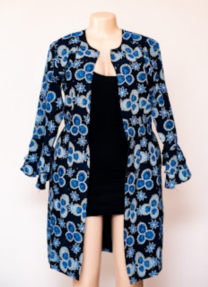 Blue Floral Kimono Coat With Peplum Sleeves