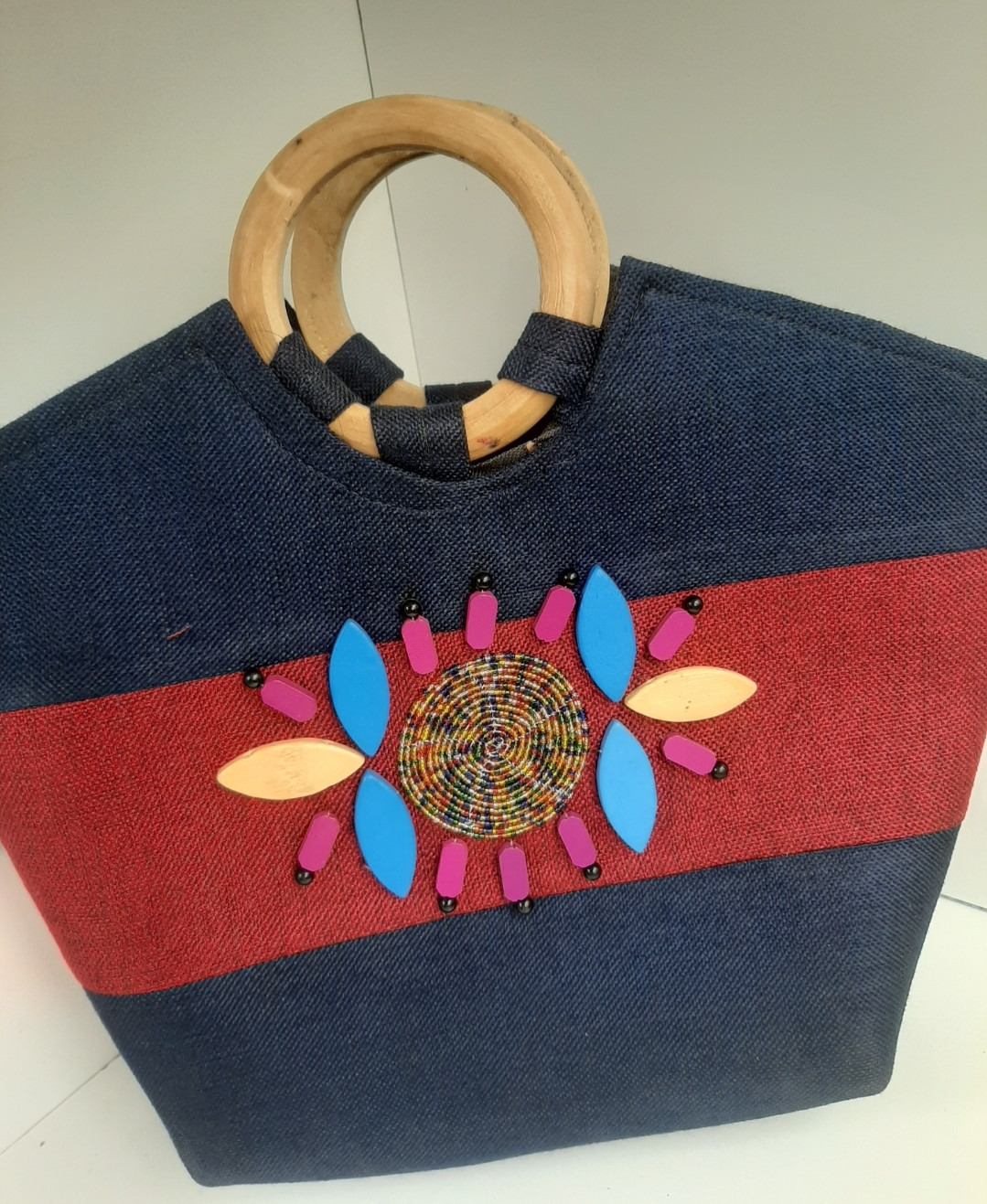 Navy Maroon African Beaded Bag