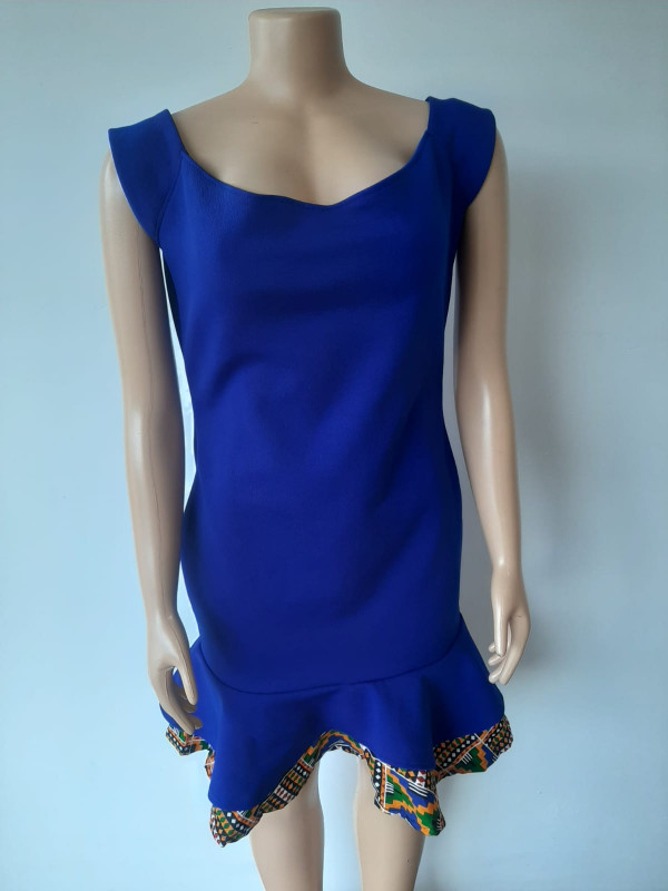 Short Dress With Ankara Patch-Blue