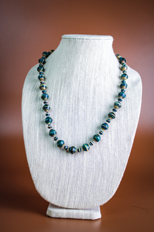 Blue Stripped Paper Bead Necklace